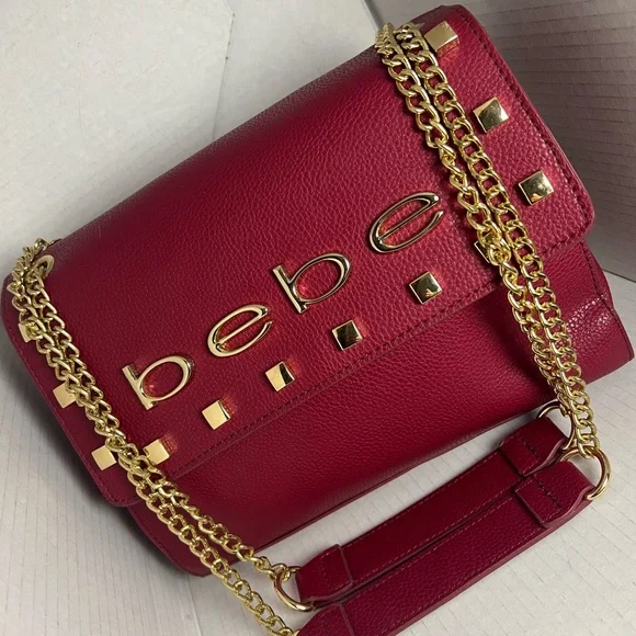 Bebe Red Studded Logo Chain Shoulder Bag Gold Hardware Flap Crossbody Purse - Picture 3 of 12